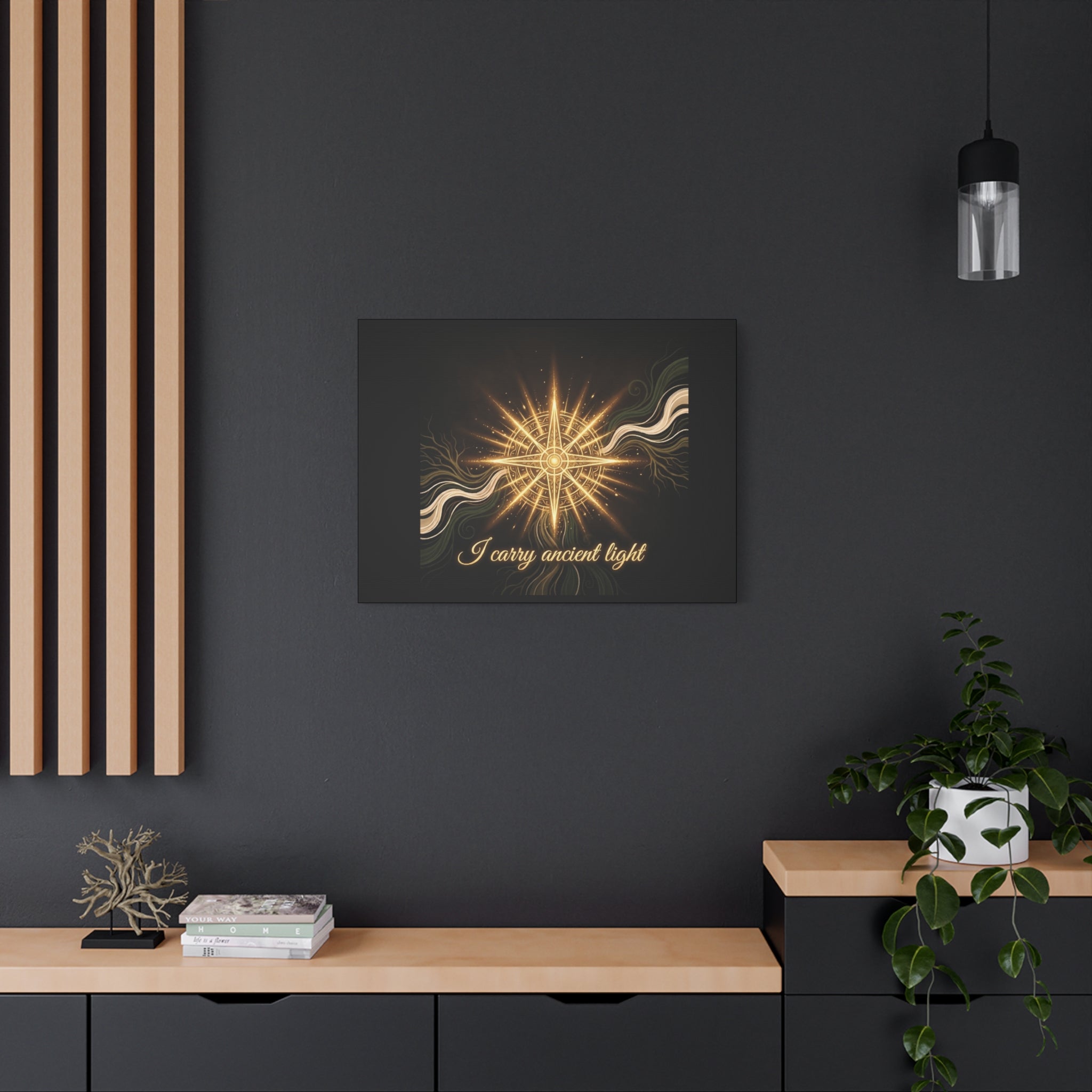Matte canvas wall art titled "I Carry Ancient Light" featuring a golden compass design, printed by Printify.