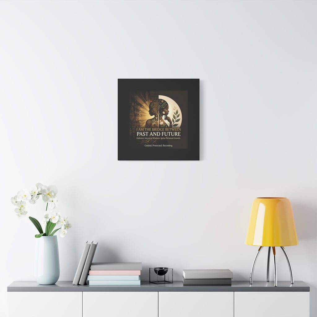Canvas wall art titled "I Am the Bridge Between Past and Future" by Printify, showcasing a vibrant, abstract design.