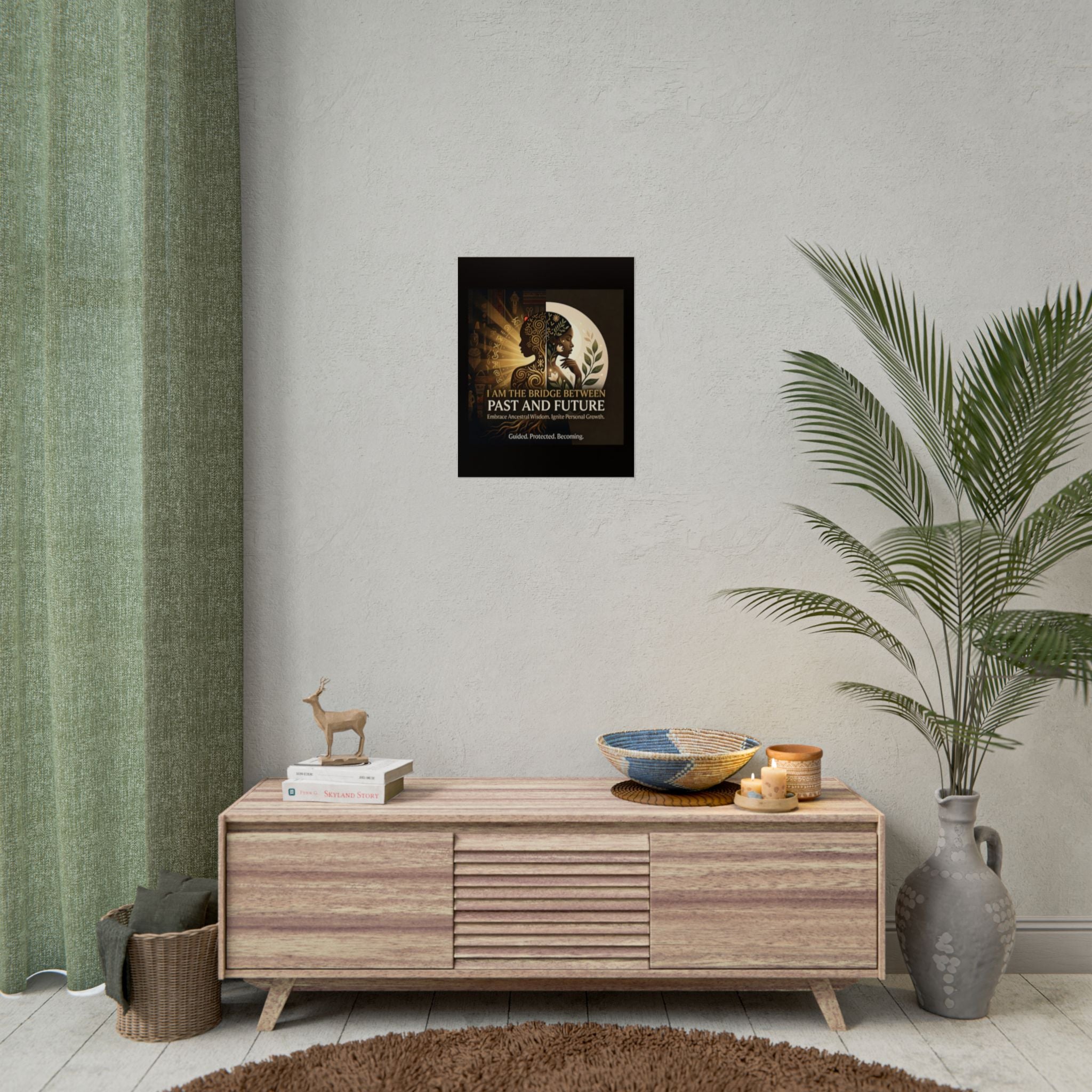 Inspirational "I Am the Bridge Between Past and Future" wall art poster by Printify featuring vibrant graphics.