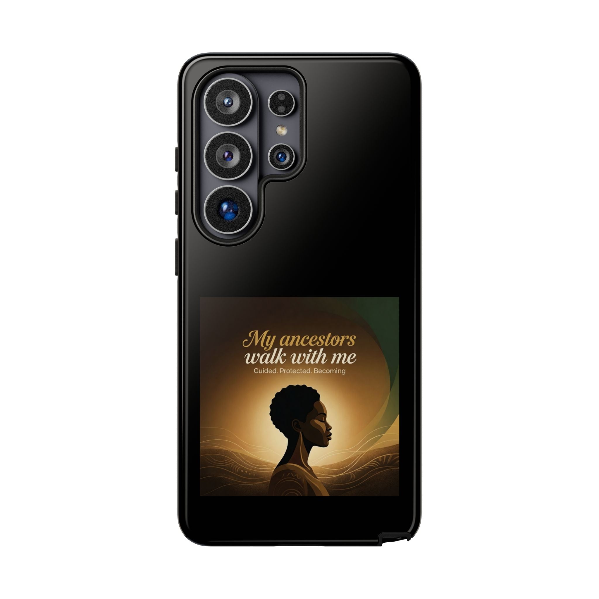 Black phone case with inspirational message honoring heritage, designed by Printify for protection and style.