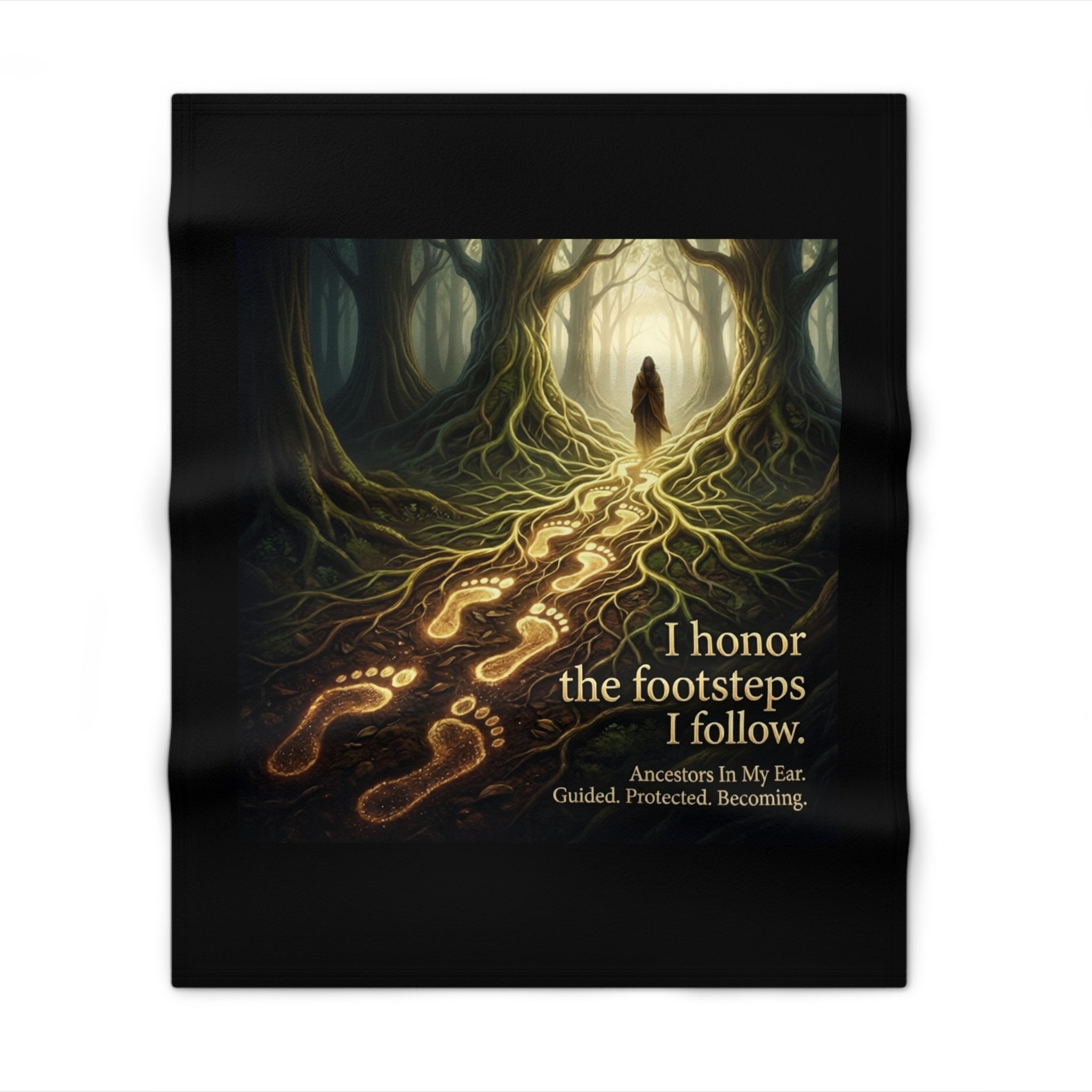 Spiritual forest-themed throw blanket with quote "I Honor the Footsteps I Follow" by Printify, home decor for cozy living spaces.