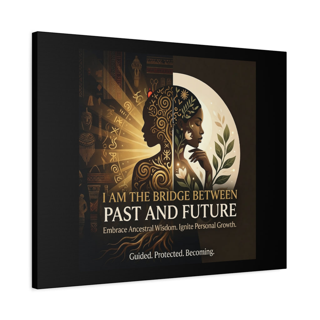 Canvas wall art titled "I Am the Bridge Between Past and Future" by Printify, featuring abstract design and vibrant colors.