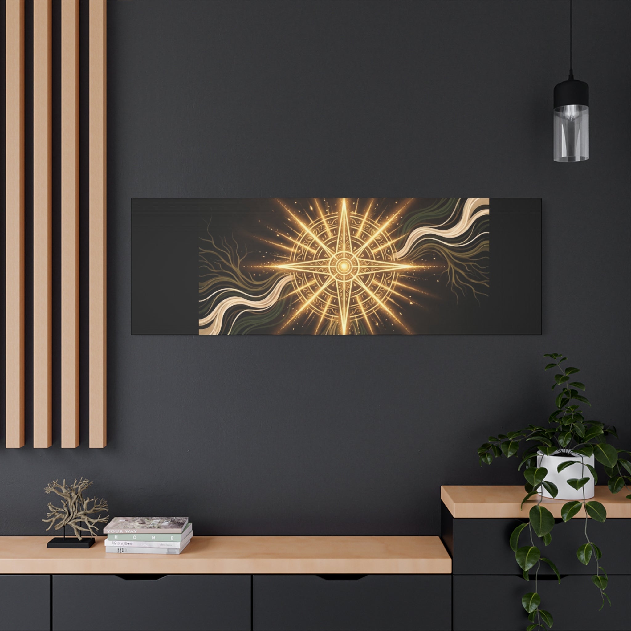 Matte canvas wall art titled "I Carry Ancient Light" featuring a golden compass design, by Printify for decorative interior decor.