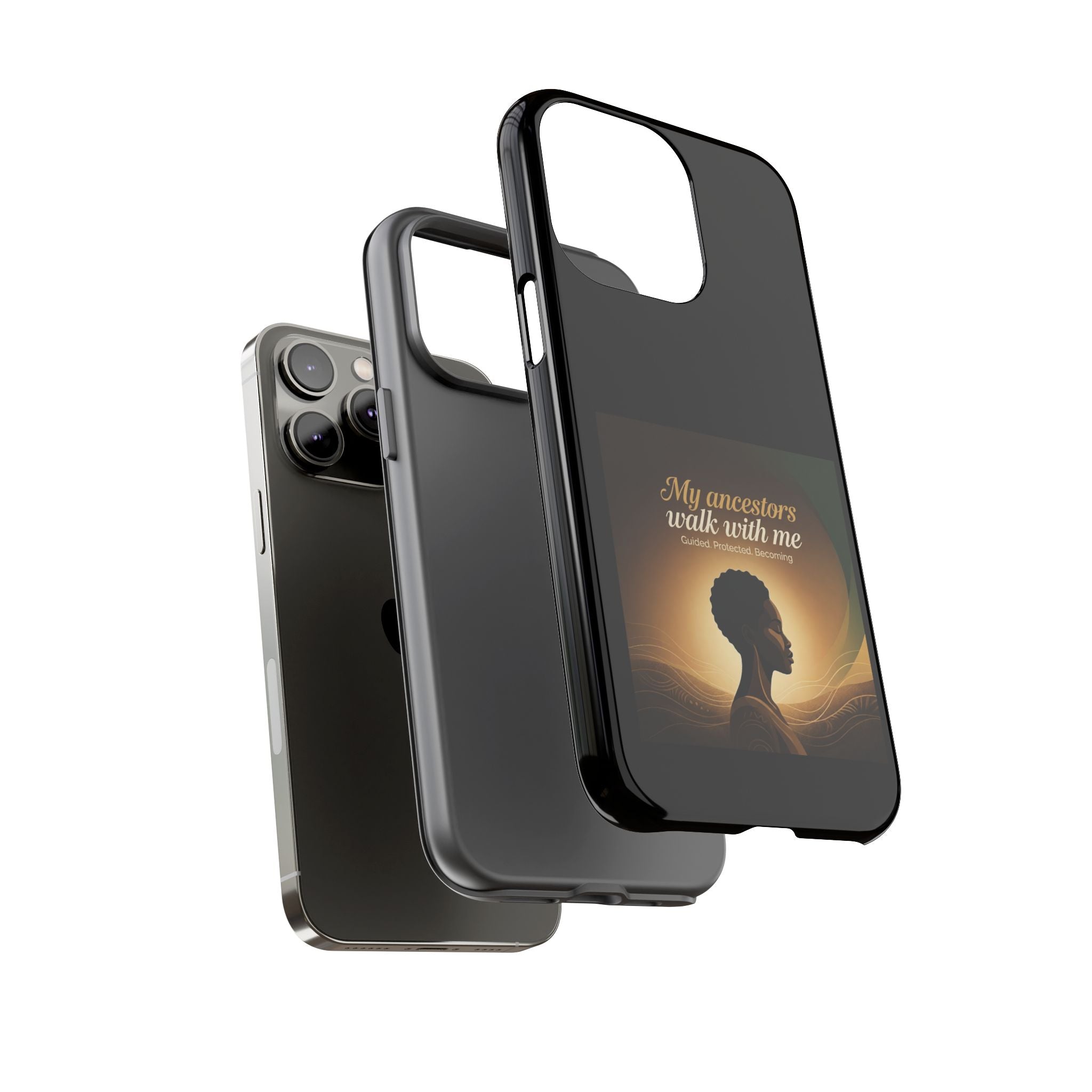 Black phone case with inspirational quote honoring ancestors, designed for iPhone, featuring a protective cover with heritage artwork.