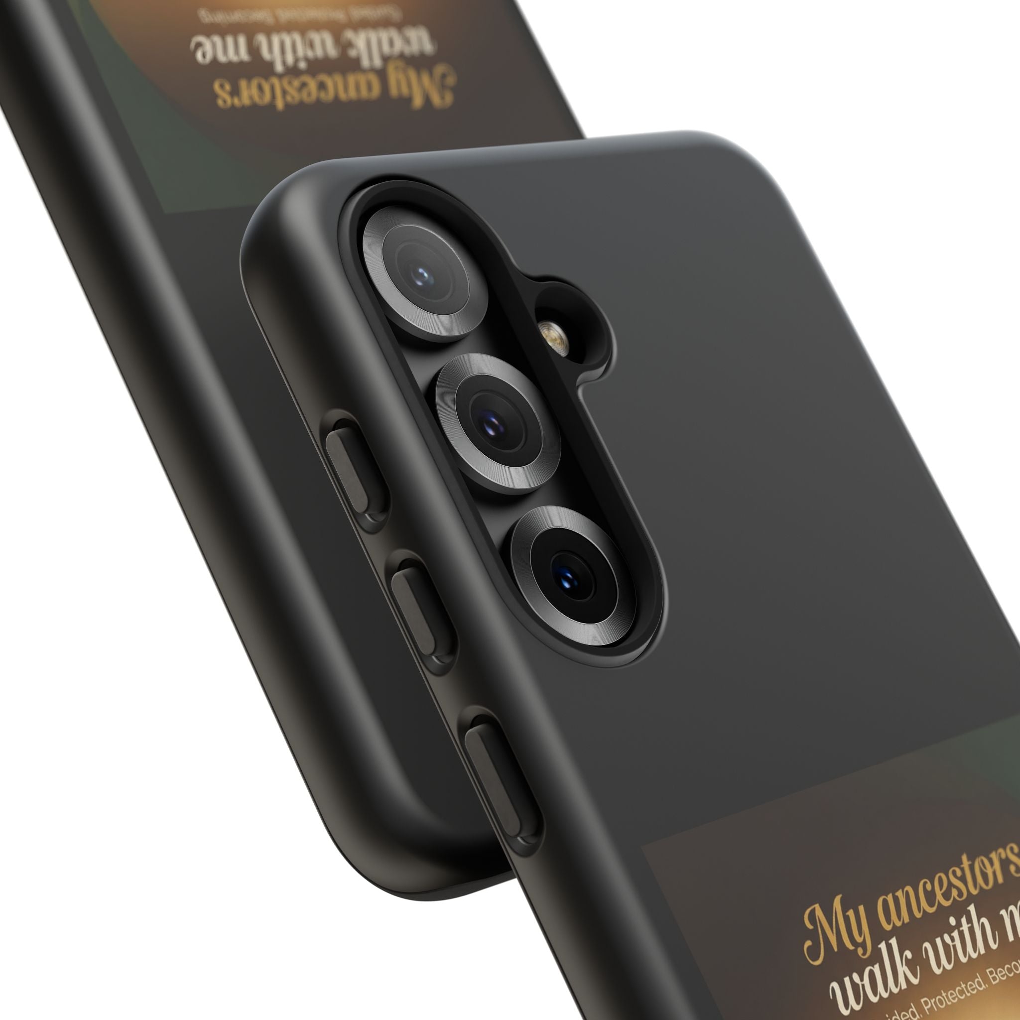 Black phone case with inspirational message honoring heritage, designed for protection and style on smartphones.