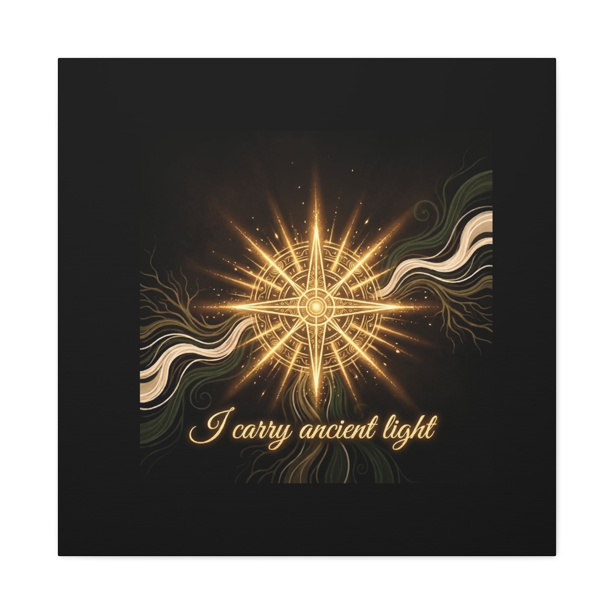 Matte canvas wall art titled "I Carry Ancient Light" featuring a golden compass design, ideal for home or office decor.