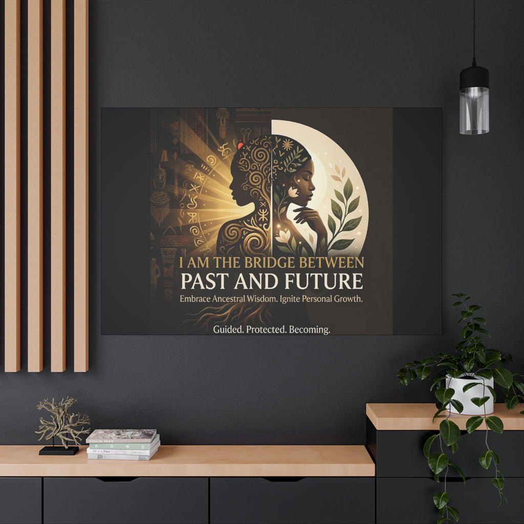 Canvas wall art titled "I Am the Bridge Between Past and Future" by Printify, showcasing a vibrant abstract design.