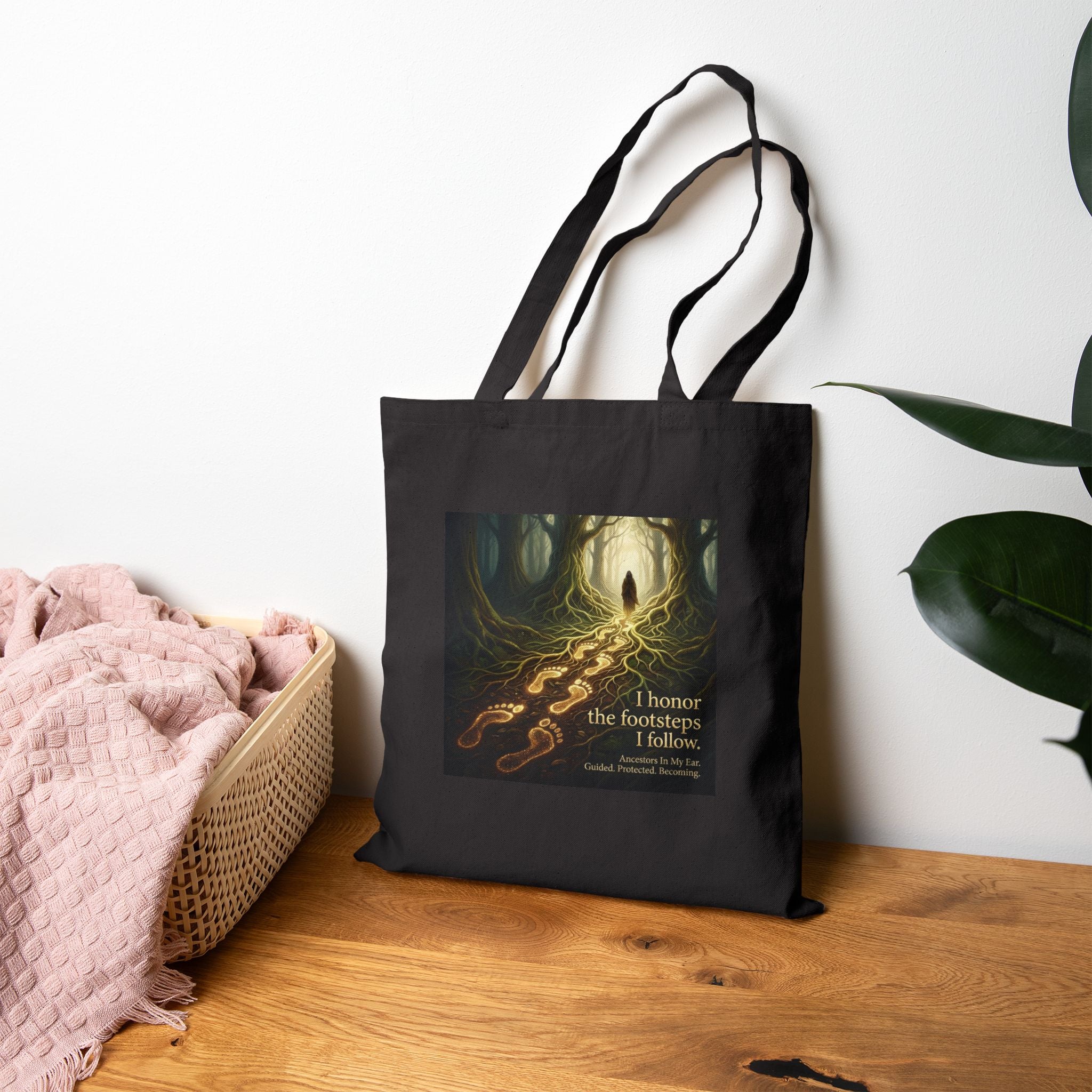 Canvas tote bag with forest path design and inspirational quote "I Honor the Footsteps I Follow" by Printify, perfect for everyday use.