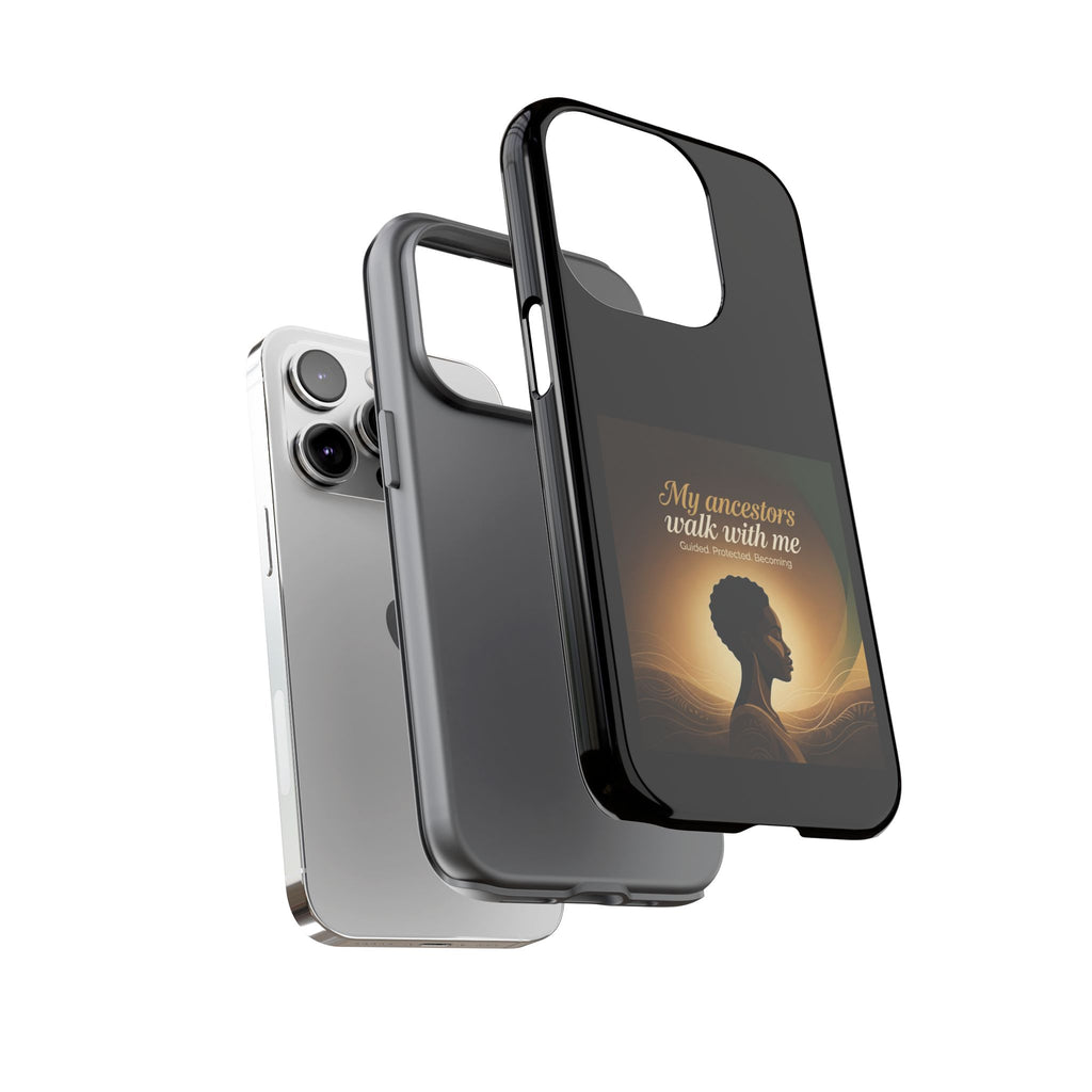 Black phone case with inspirational message and heritage-themed design, protective cover for smartphones by Printify.