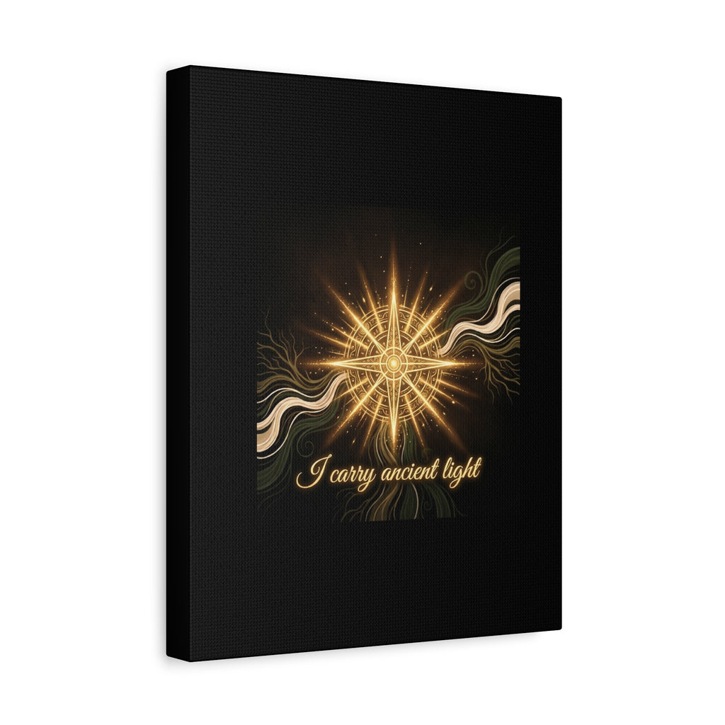 Matte canvas wall art featuring a golden compass design titled "I Carry Ancient Light" by Printify for wall decor.