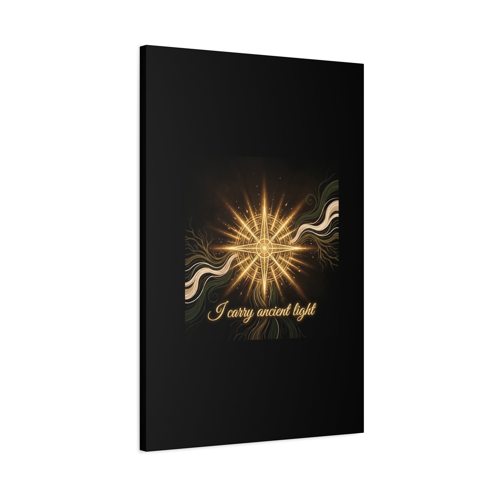 Matte canvas wall art titled "I Carry Ancient Light" featuring a golden compass design, by Printify.