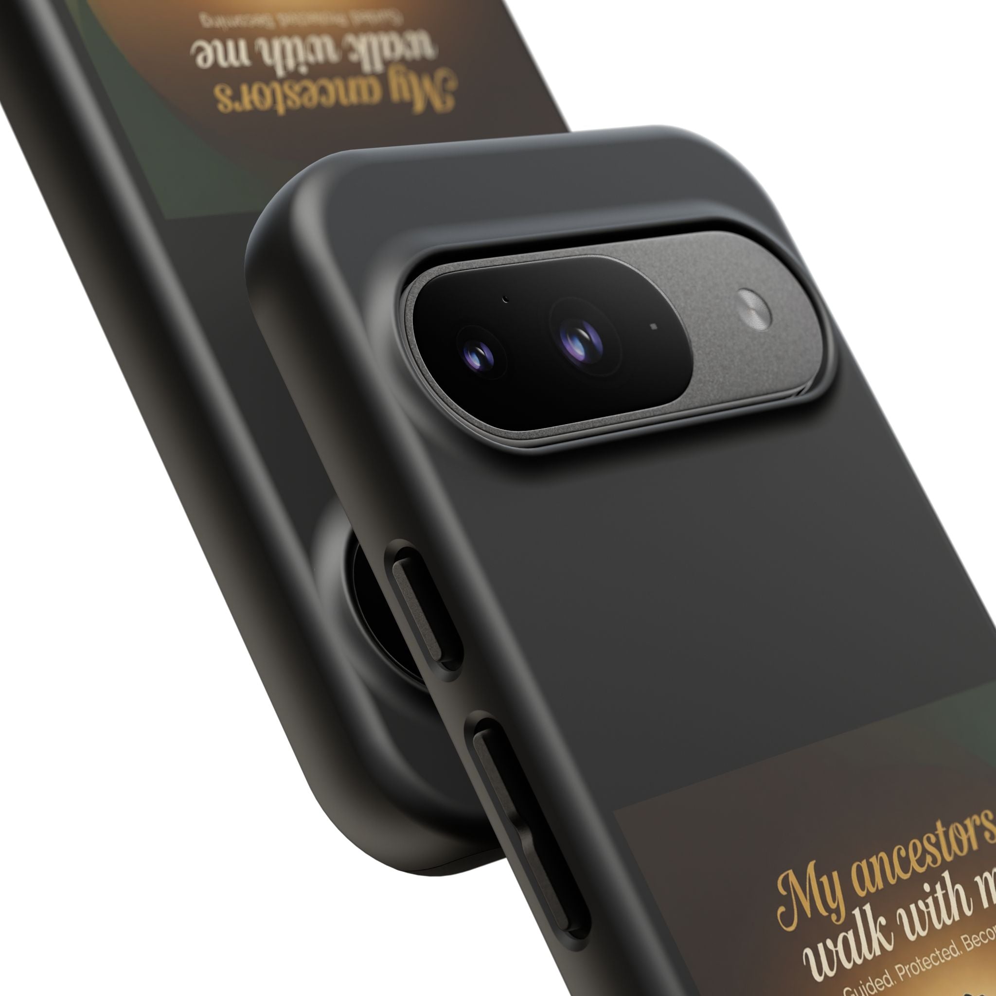Black phone case with inspirational design honoring heritage, featuring artwork inspired by ancestral roots for iPhone models.