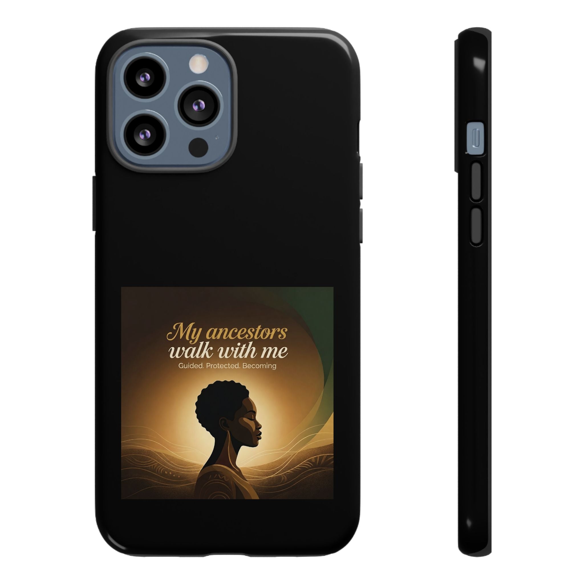 Black phone case with inspirational quote and heritage design, designed for iPhone, featuring cultural motifs and protective features.