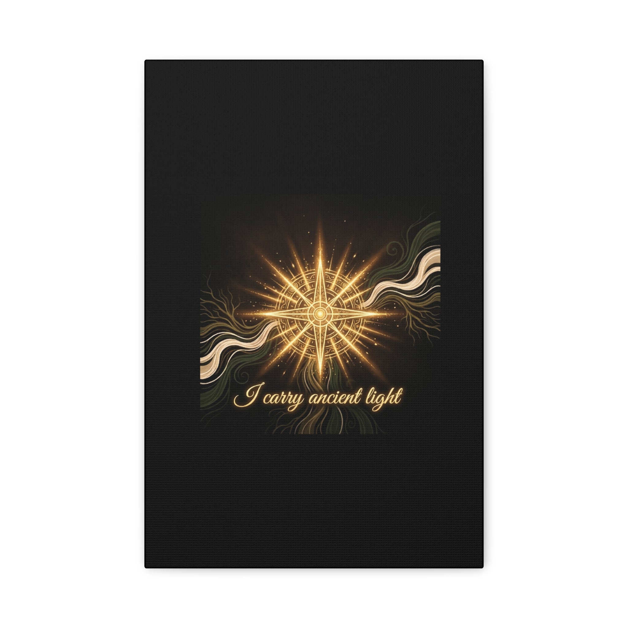 Matte canvas wall art titled "I Carry Ancient Light" featuring a golden compass design, suitable for modern home decor.