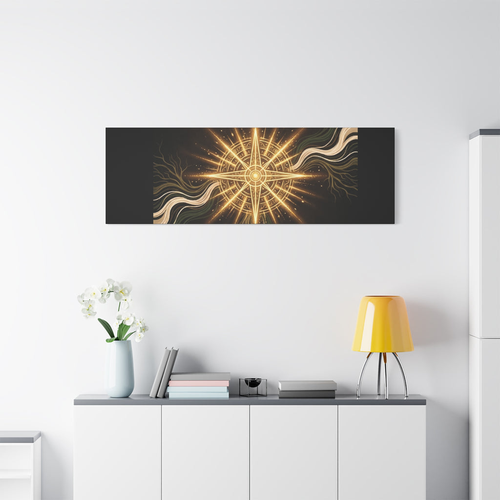 Matte canvas wall art titled "I Carry Ancient Light" featuring a golden compass design, suitable for modern home decor.