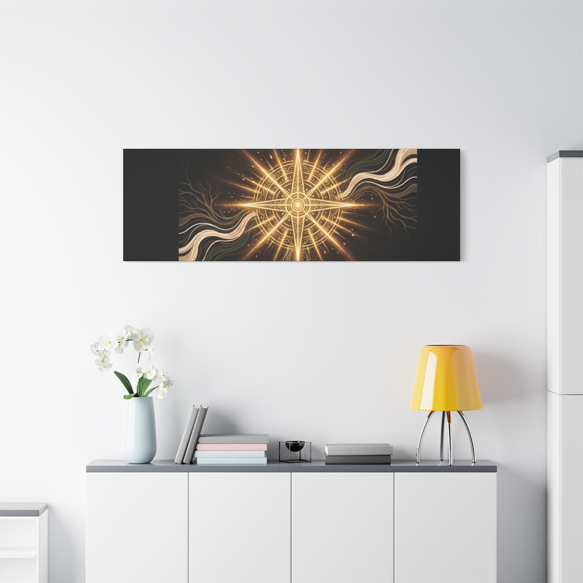 Matte canvas wall art titled "I Carry Ancient Light" featuring a golden compass design, suitable for modern home decor.