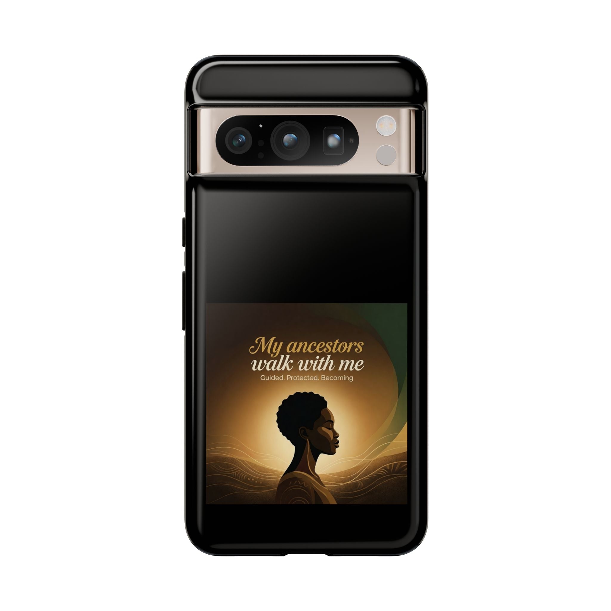 Black phone case with inspirational message and cultural design, featuring a protective cover for smartphones.