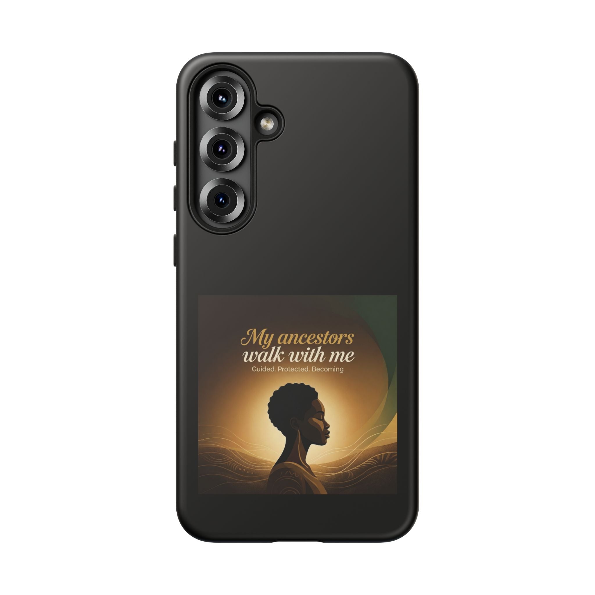 Black heritage phone case with inspirational quote, protective cover for smartphone, featuring meaningful design and durable material.