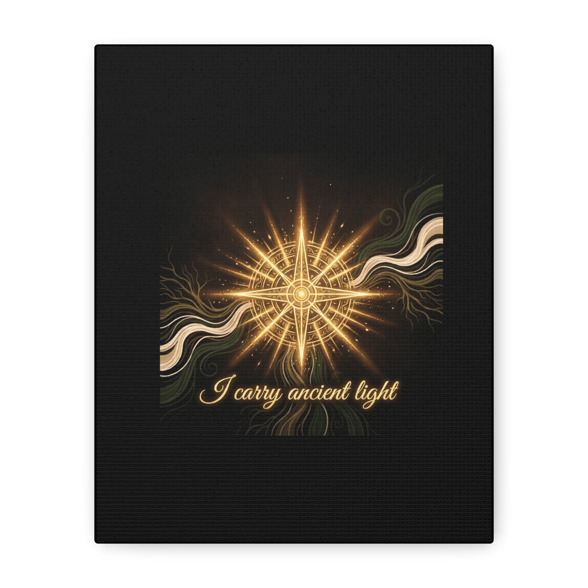 Matte canvas art titled "I Carry Ancient Light" featuring a golden compass design, wall decor from Printify.