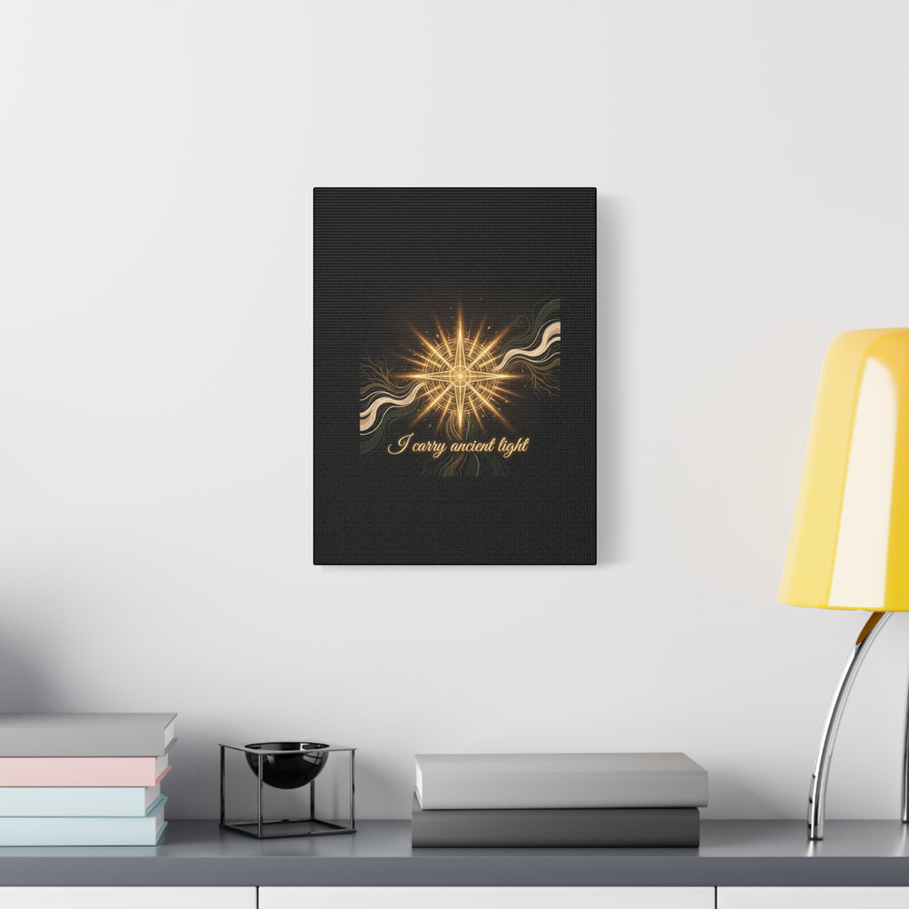 Matte canvas wall art featuring a golden compass design titled "I Carry Ancient Light" by Printify.