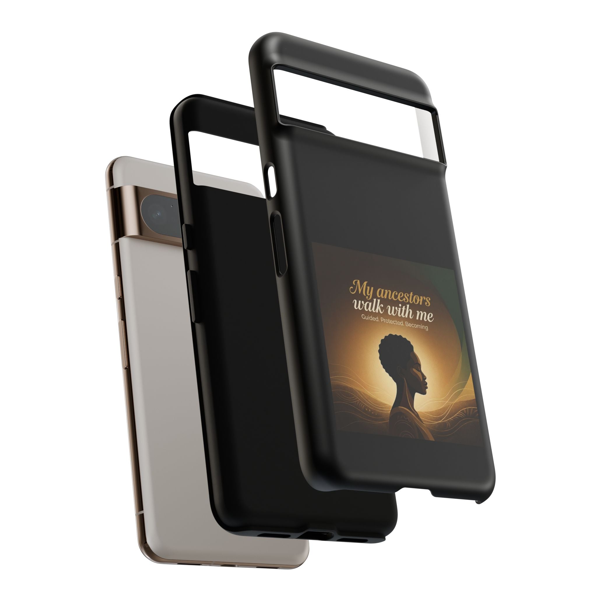Black phone case with inspirational text honoring heritage, designed for protection and style by Printify.