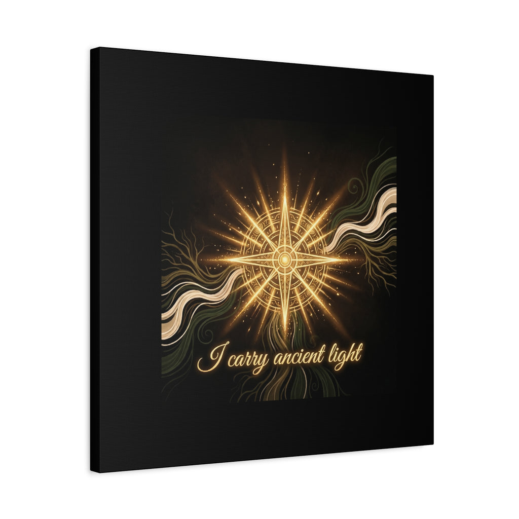 Matte canvas wall art titled "I Carry Ancient Light" featuring a golden compass design by Printify for decorative wall decor.