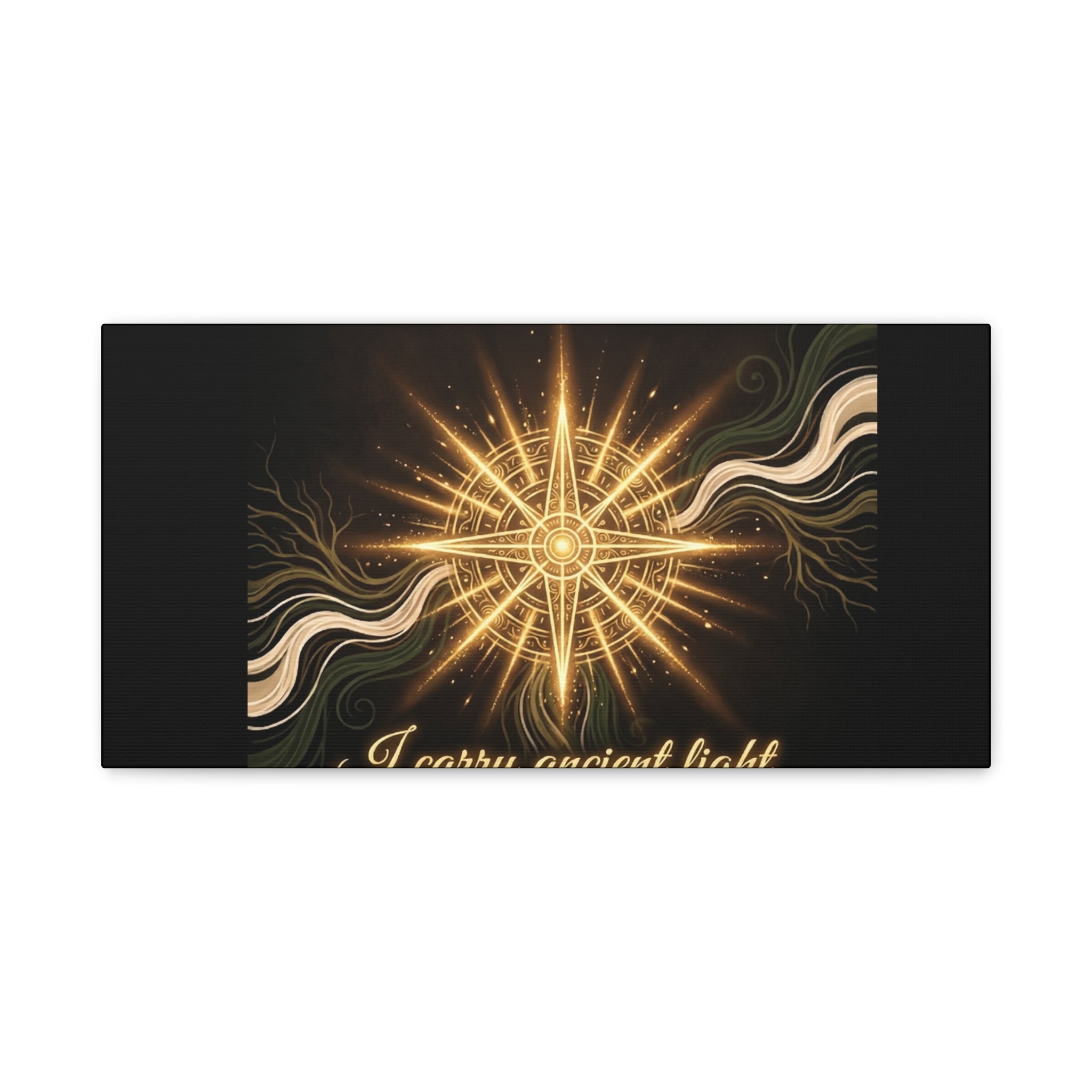 Matte canvas wall art featuring a golden compass design titled "I Carry Ancient Light" by Printify.