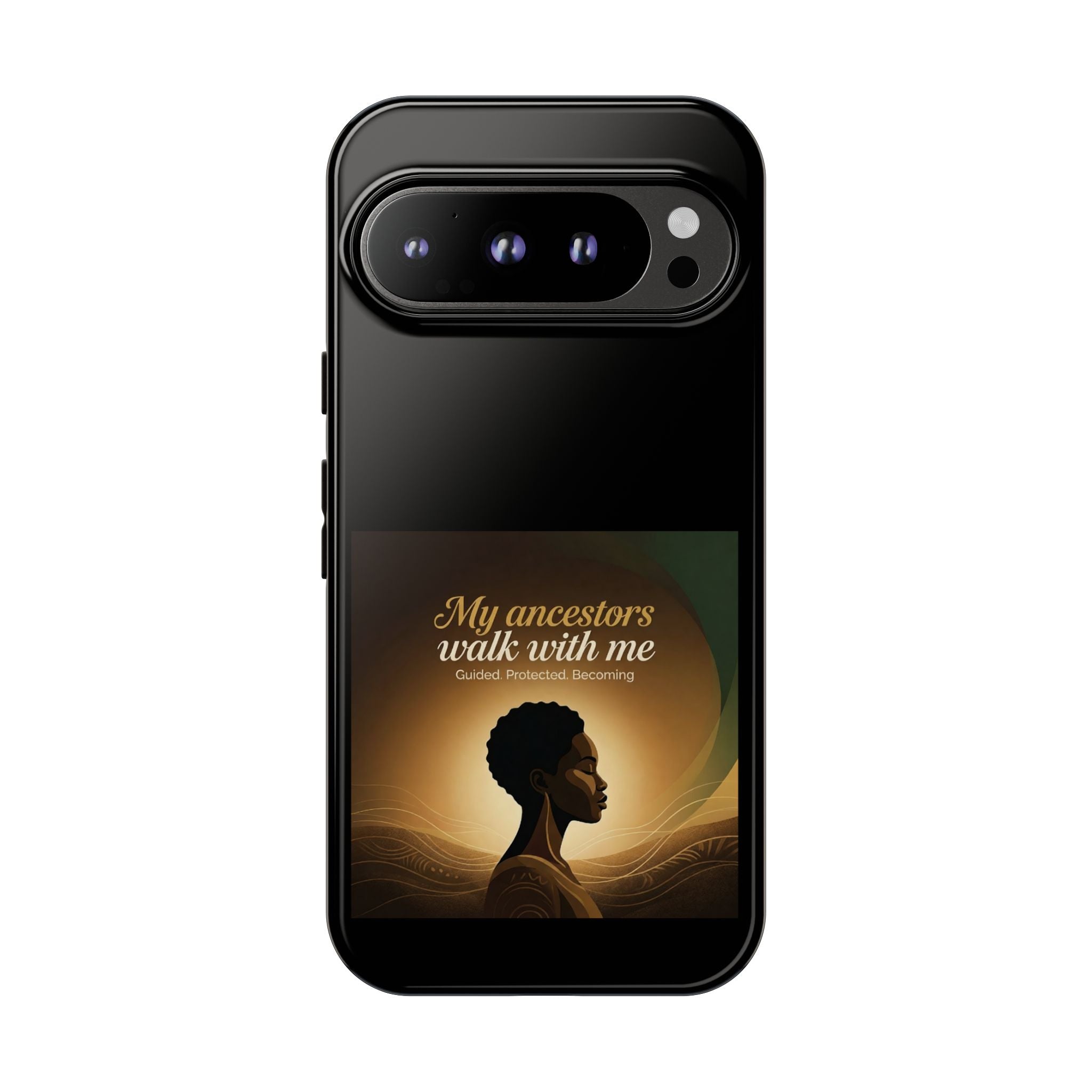 Black phone case with inspirational design honoring ancestors, protective cover for smartphones by Printify.