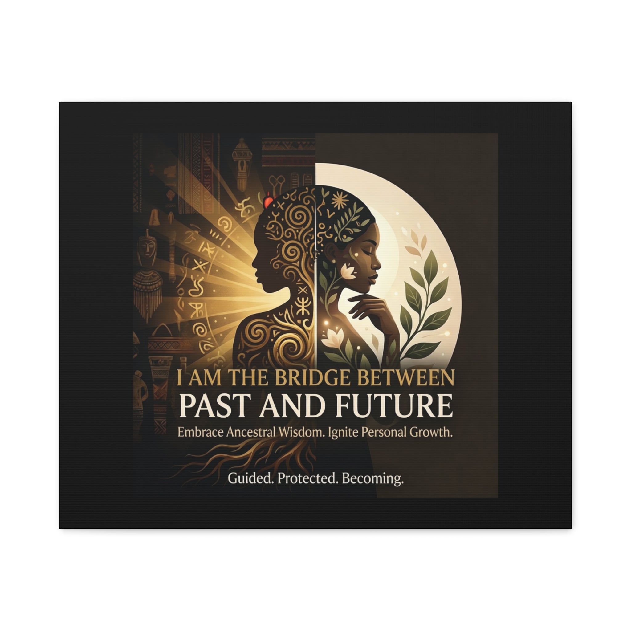 Canvas wall art titled "I Am the Bridge Between Past and Future" by Printify, featuring abstract design and vibrant colors.