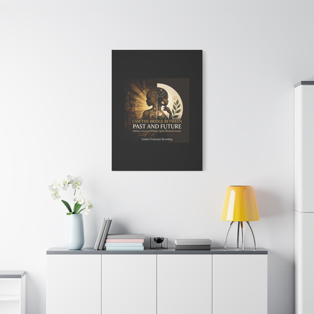 Canvas wall art titled "I Am the Bridge Between Past and Future" by Printify, featuring a blend of abstract colors and shapes.