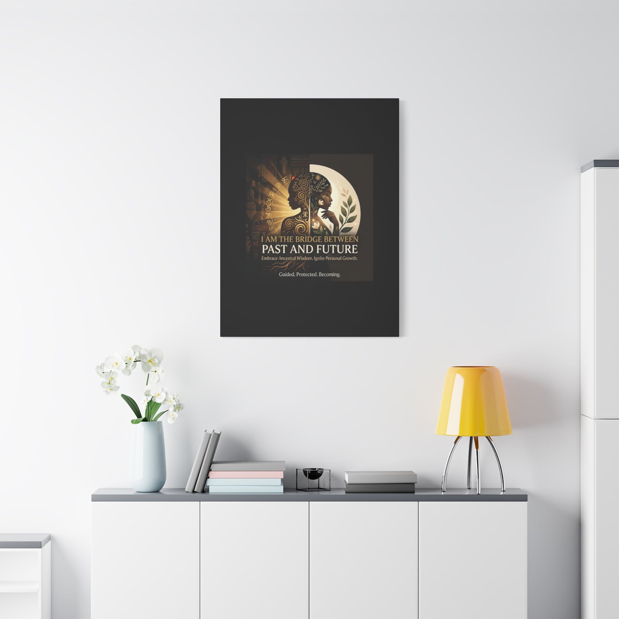Canvas wall art titled "I Am the Bridge Between Past and Future" by Printify, featuring a blend of abstract colors and shapes.
