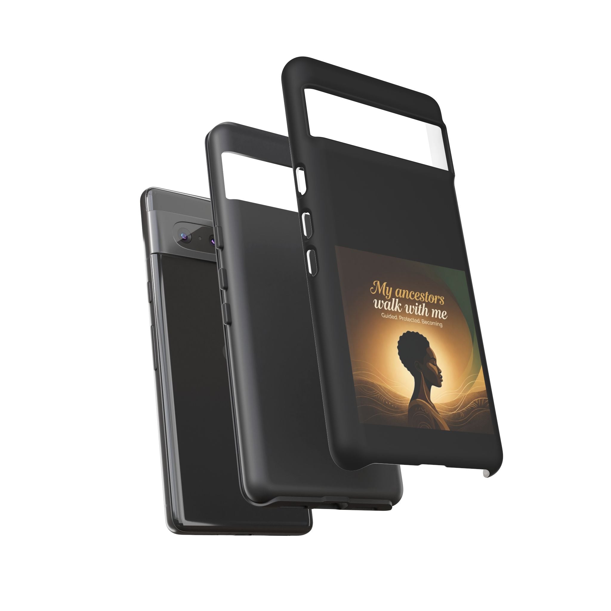 Black phone case with inspirational message honoring ancestors, designed by Printify for protective and cultural expression.