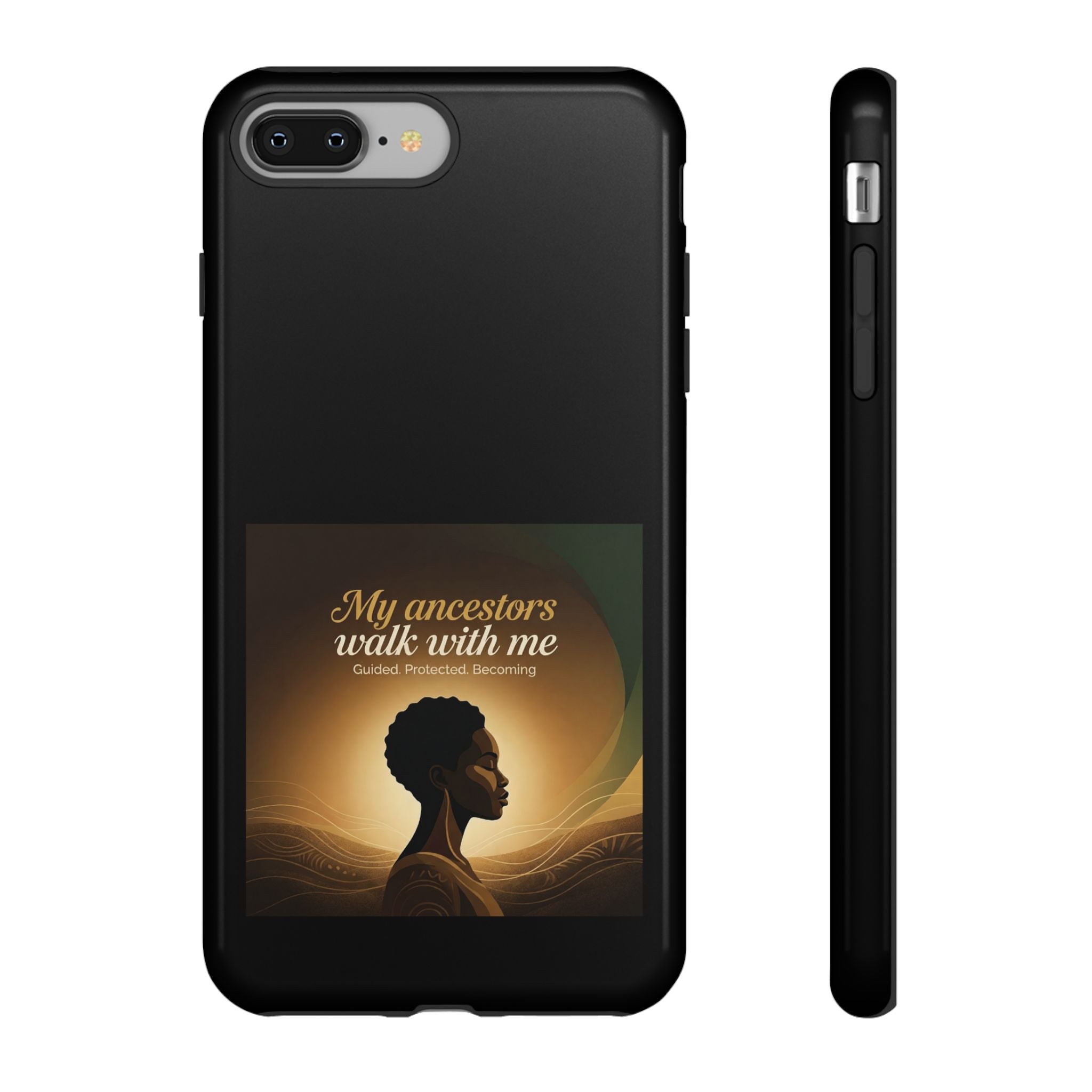 Black phone case with inspirational design honoring heritage, featuring artwork and text for a protective cover by Printify.