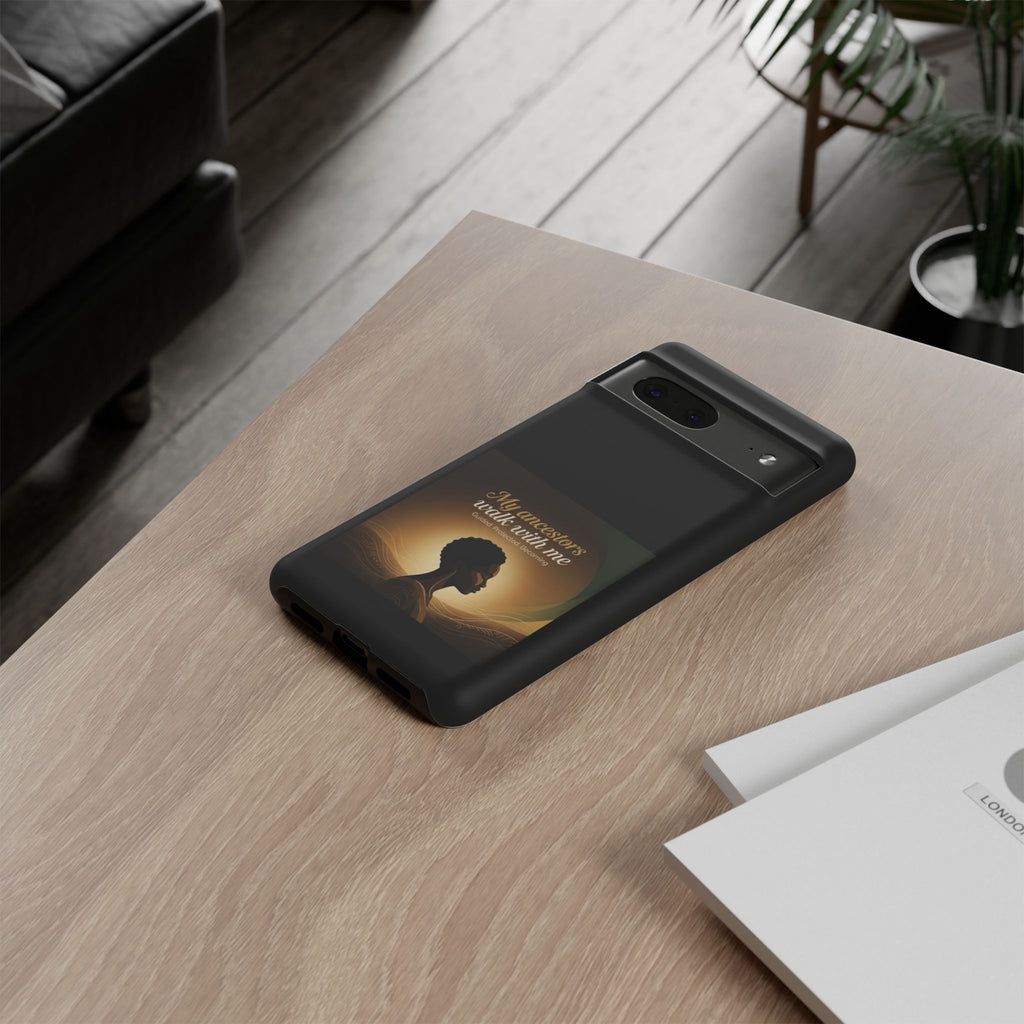 Black heritage-themed phone case by Printify with inspirational text, designed to protect and personalize a smartphone.