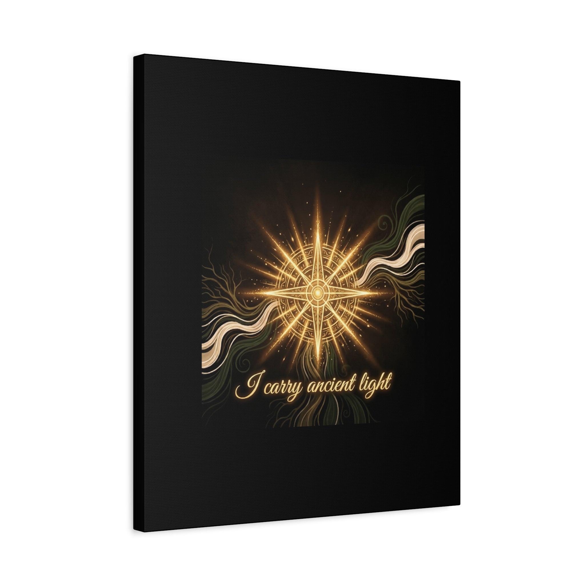 Matte canvas wall art featuring a golden compass design titled "I Carry Ancient Light" by Printify, perfect for wall decor.
