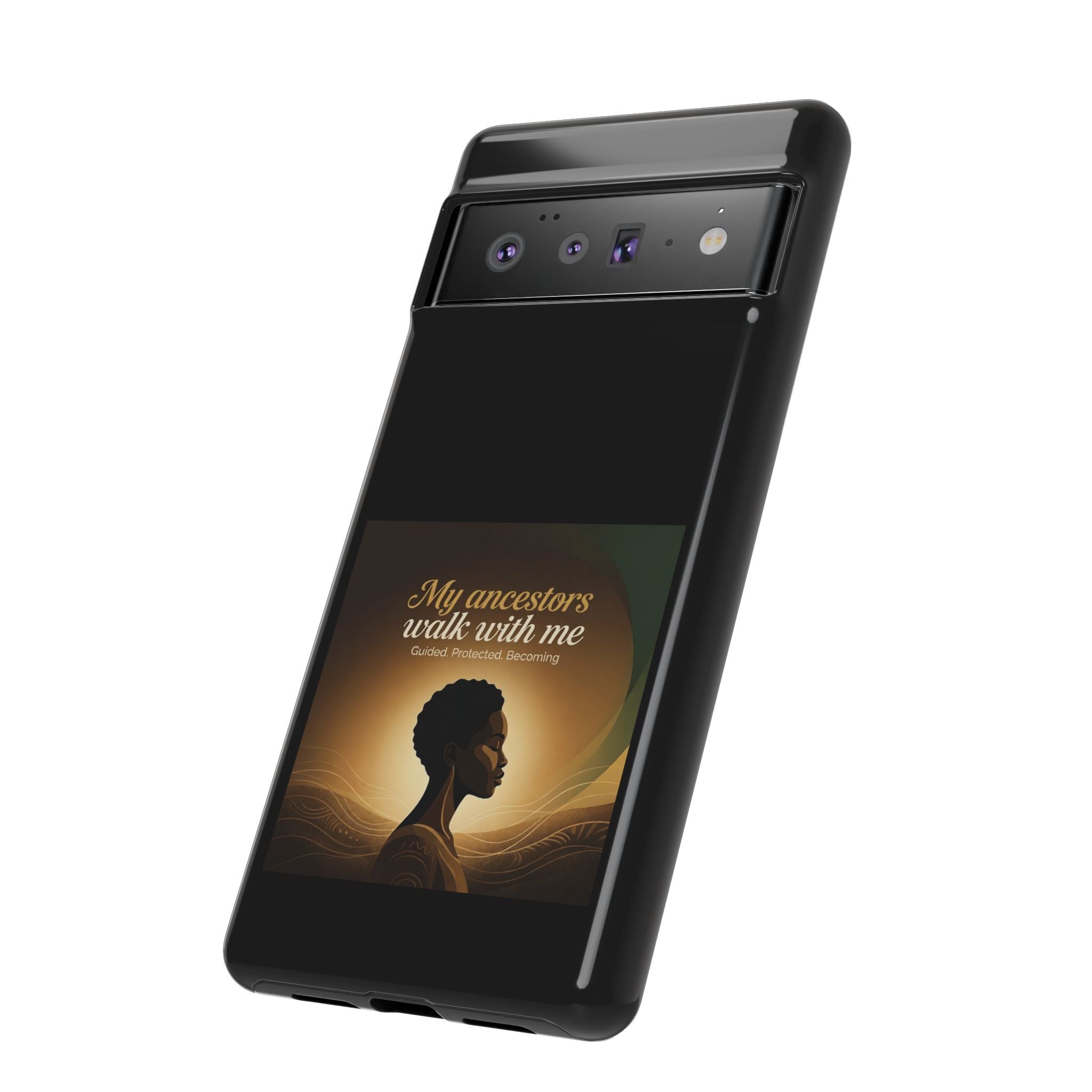 Black phone case with inspirational message honoring heritage, designed for iPhone, by Printify, featuring cultural and protective elements.