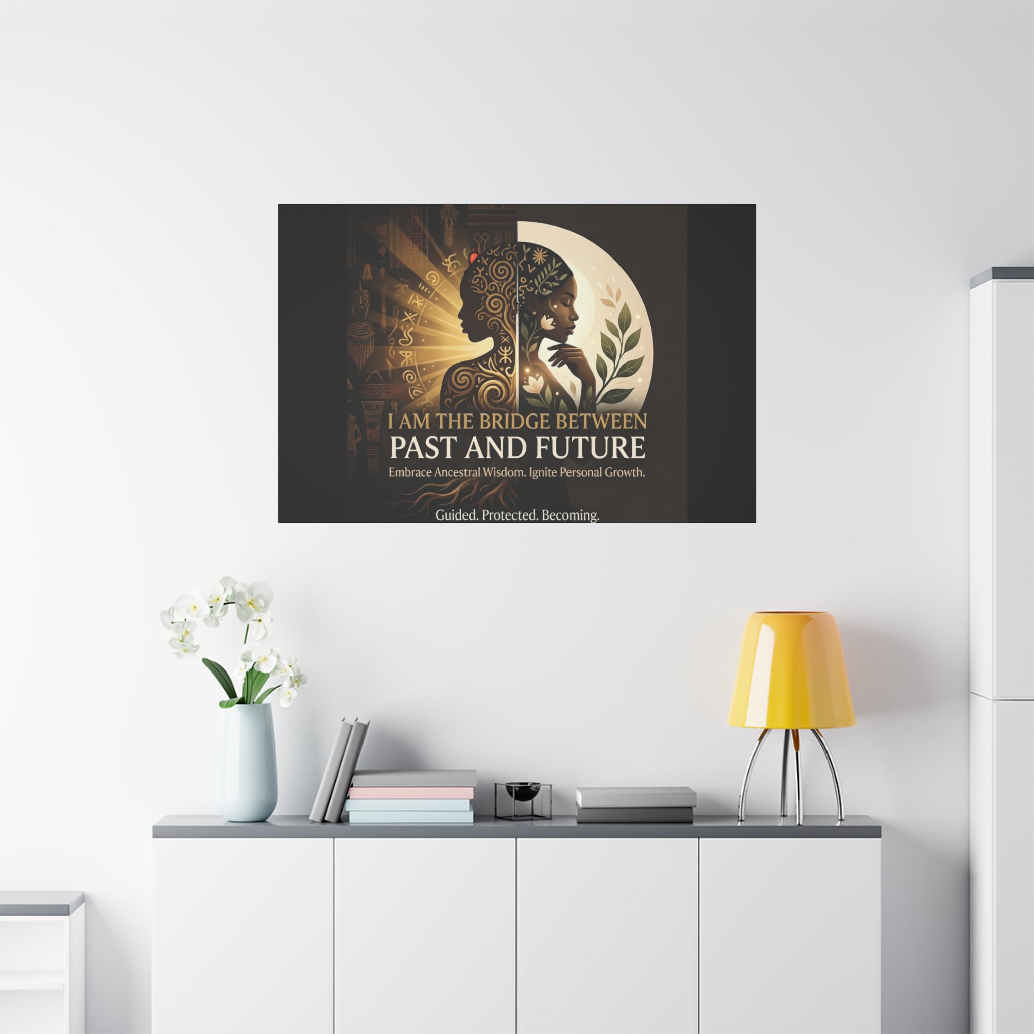 Canvas wall art titled "I Am the Bridge Between Past and Future" by Printify, featuring abstract design and vibrant colors.