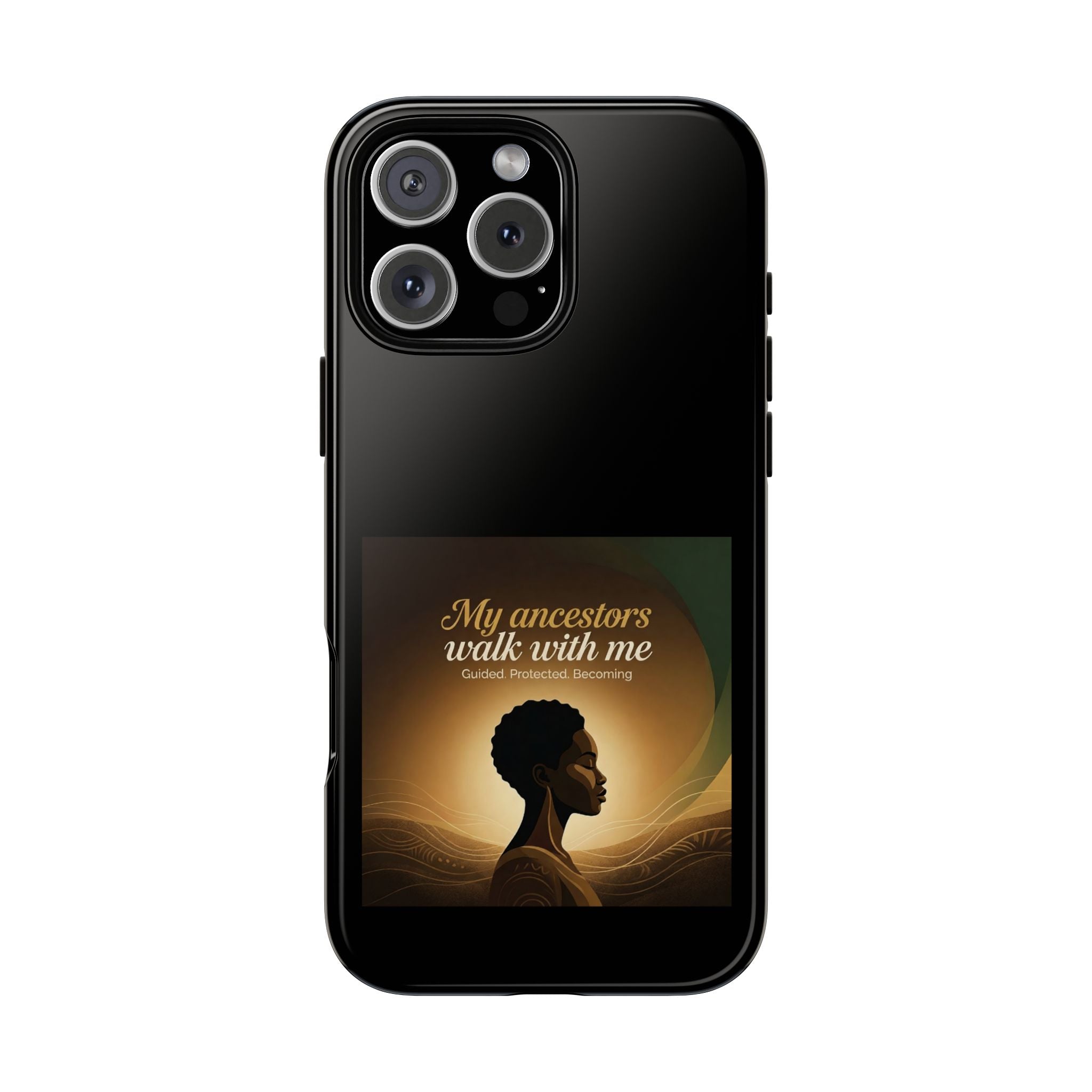Black phone case with inspirational text and heritage design, protective cover for smartphones by Printify.