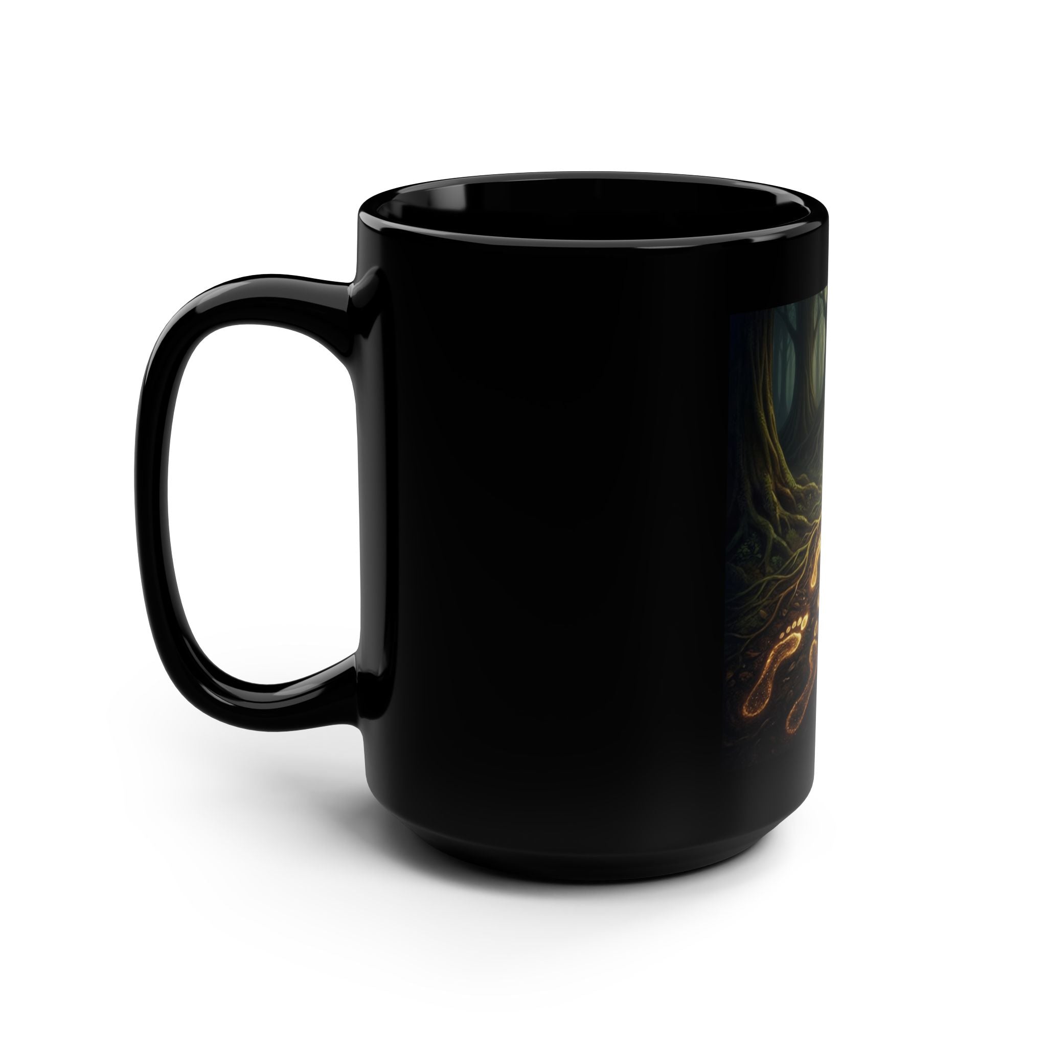 15oz black coffee mug with inspirational forest quote "I Honor the Footsteps I Follow" printed on ceramic mug.