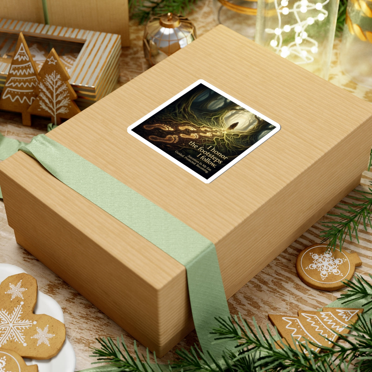 Printify kiss-cut sticker featuring "I honor the footsteps I follow" ancestral forest memorial design on paper product.