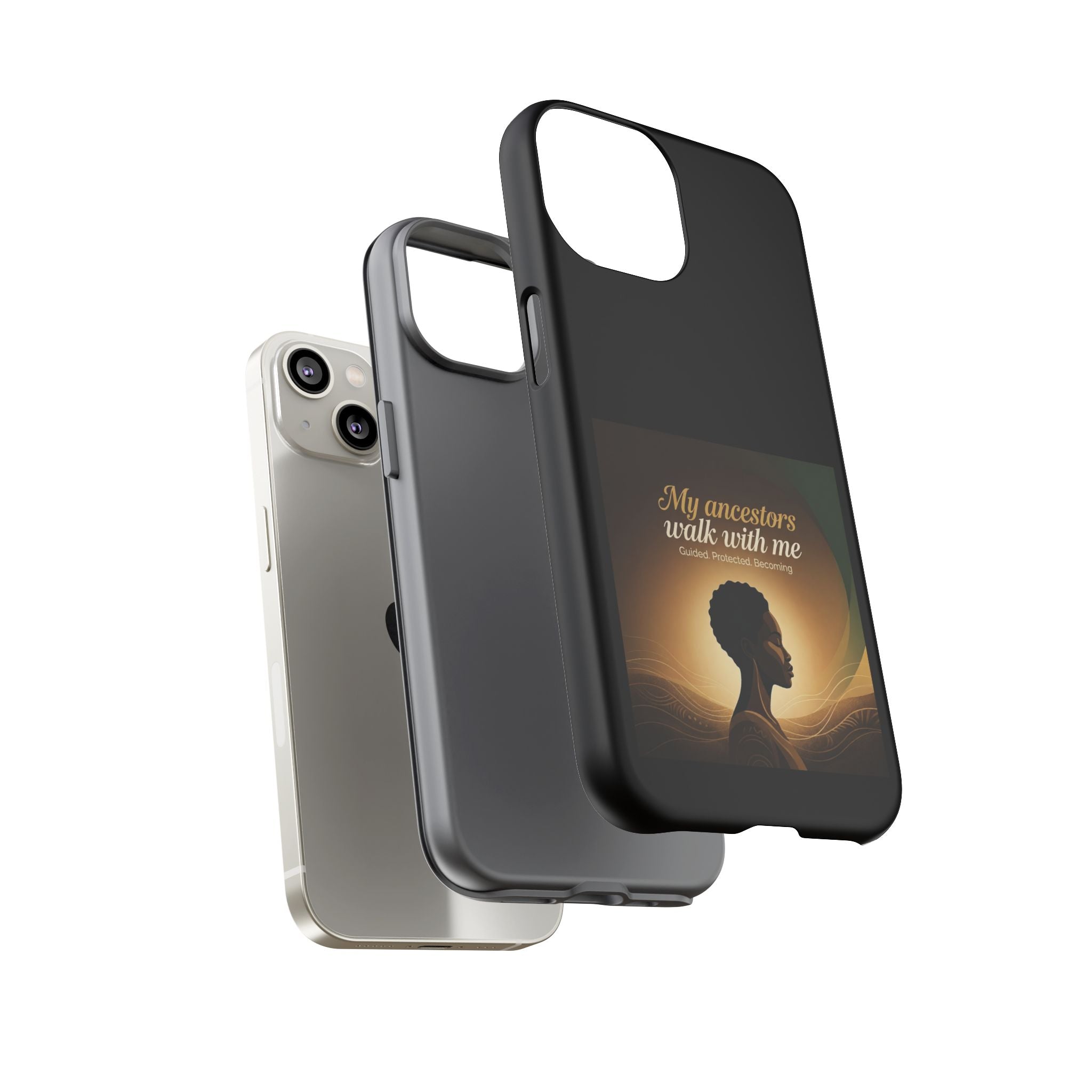 Black phone case with inspirational message and heritage design, protective cover for smartphone by Printify.