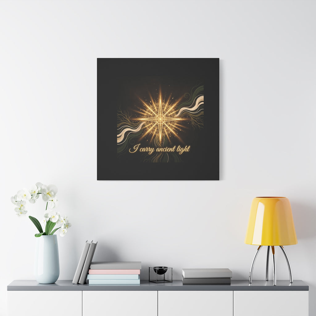 Matte canvas wall art titled "I Carry Ancient Light" featuring a golden compass design, by Printify for home decor.