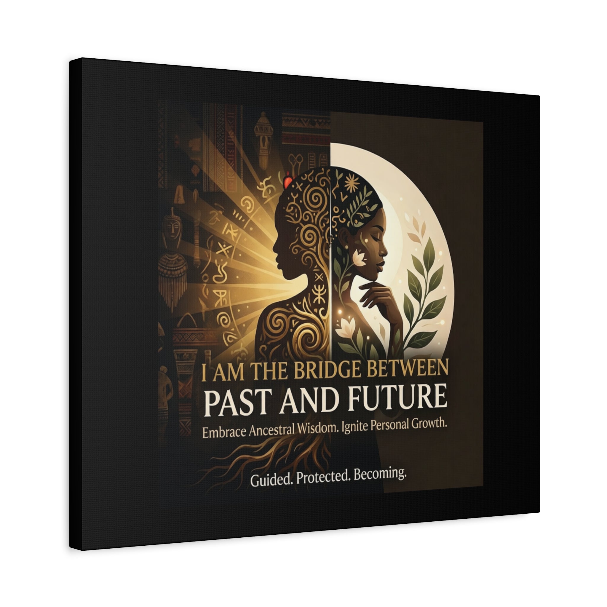 Canvas wall art titled "I Am the Bridge Between Past and Future" by Printify, showcasing abstract design and vibrant colors.
