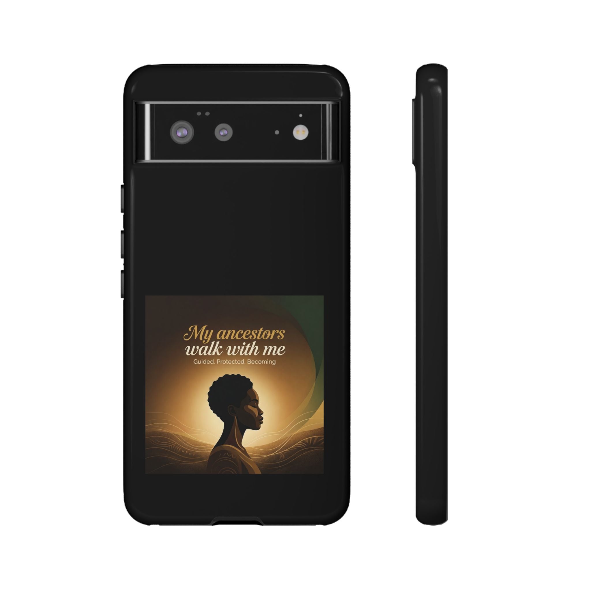 Black phone case with inspirational message and heritage design, protective cover for smartphones by Printify.