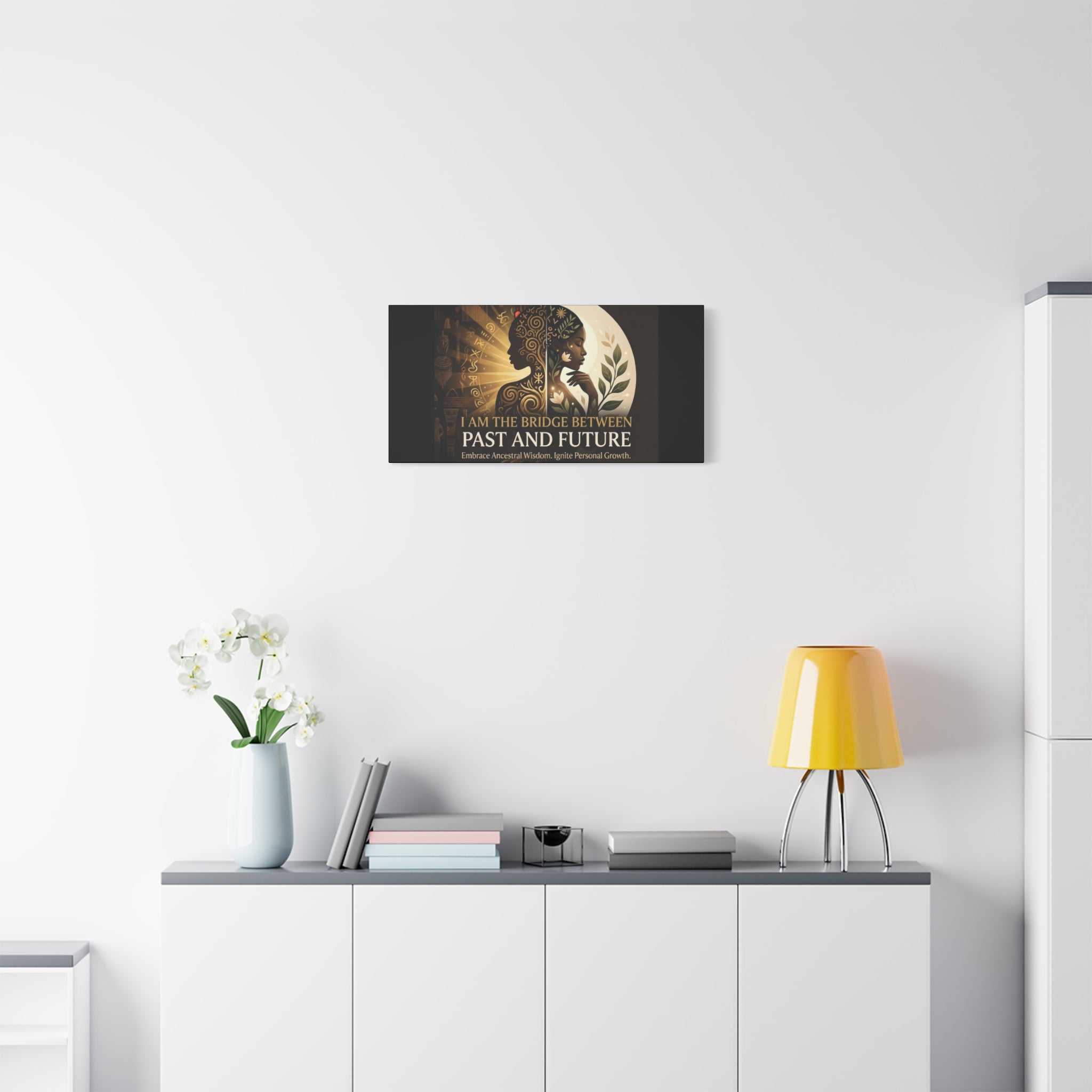 Canvas wall art by Printify featuring "I Am the Bridge Between Past and Future" in vibrant colors and abstract design.