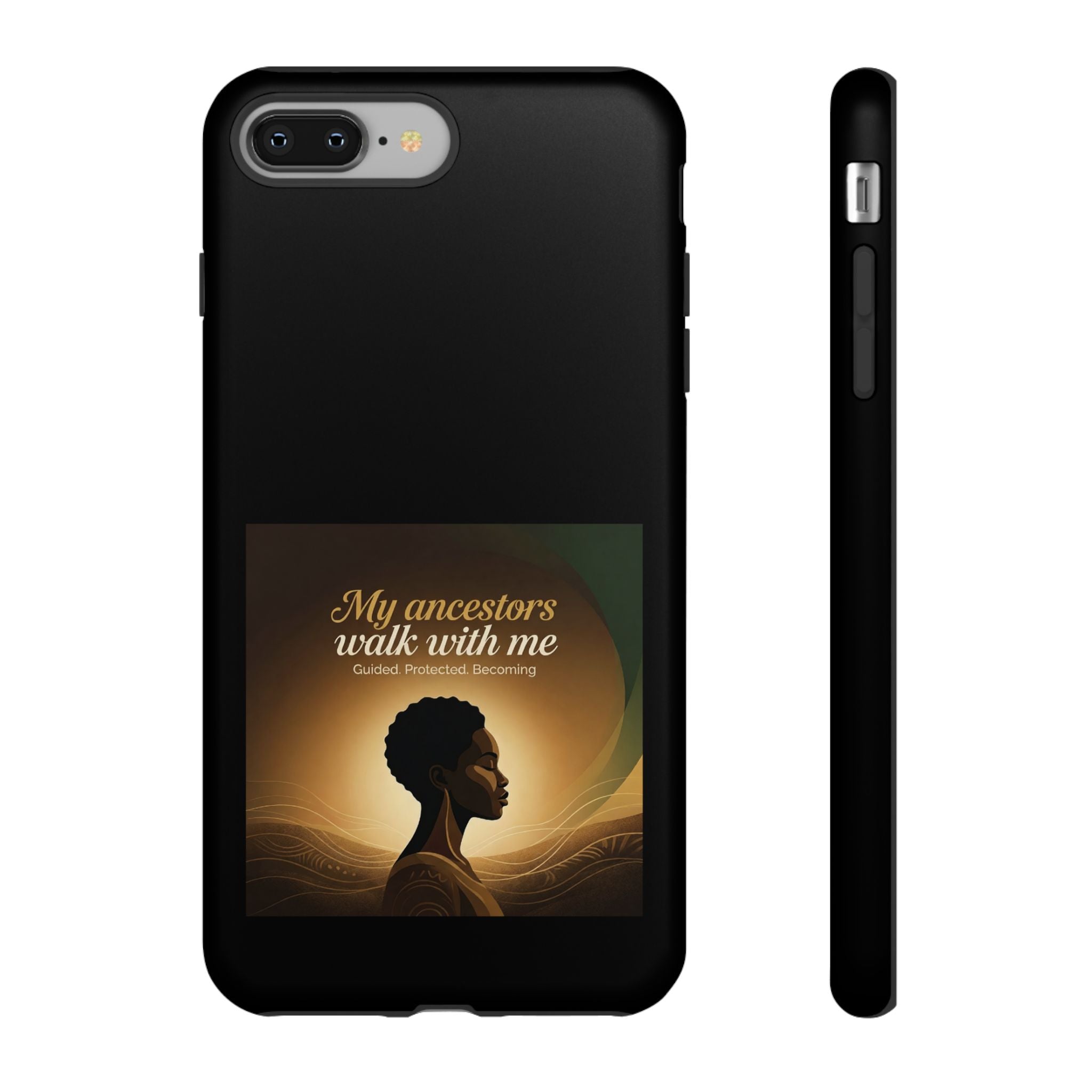Black heritage phone case with inspirational quote, protective cover for smartphone, featuring artwork inspired by ancestral themes.