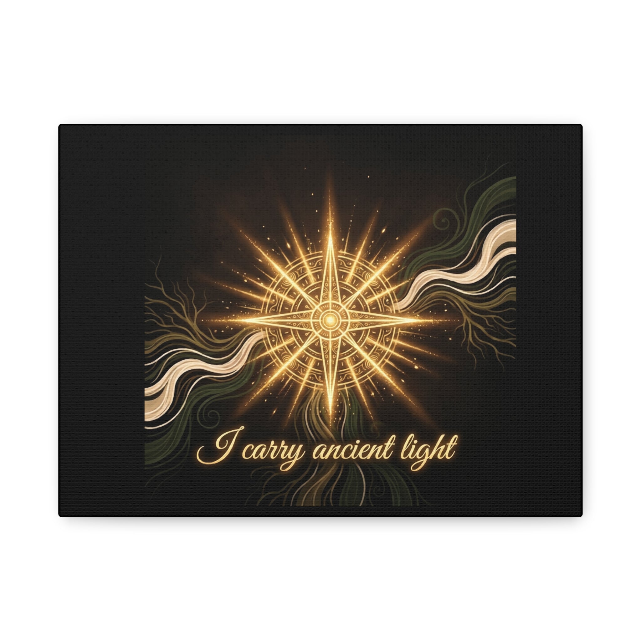 Matte canvas wall art featuring a golden compass design titled "I Carry Ancient Light" by Printify for wall decor.