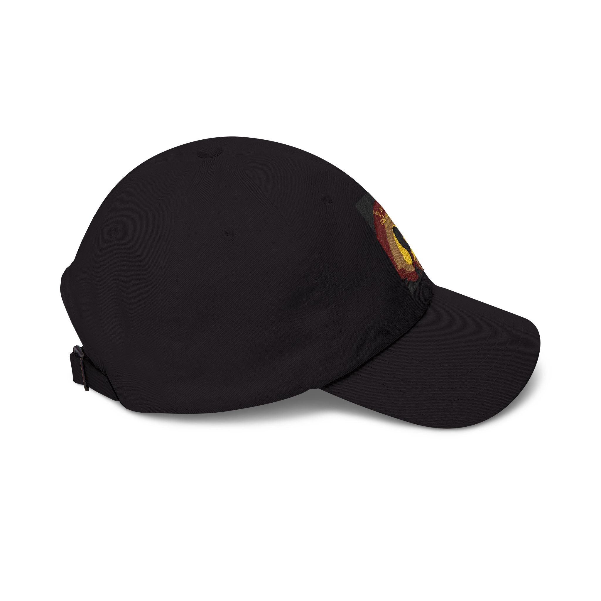 Black dad cap with silhouette sunburst and "Good Night, Good Luck" graphic, casual hat by Printify