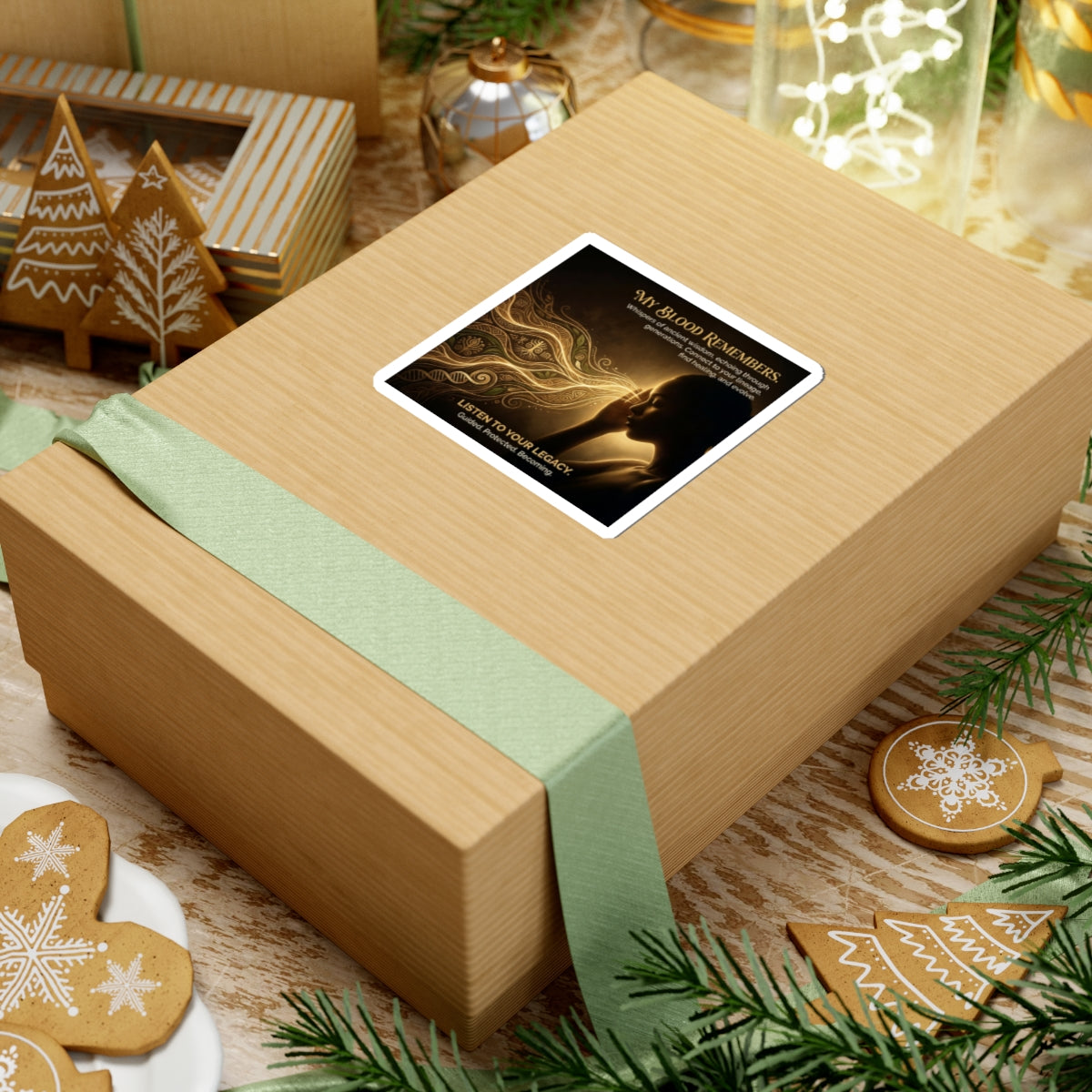 Kiss-cut sticker featuring "My Blood Remembers" ancestral wisdom illustration by Printify on a white background.