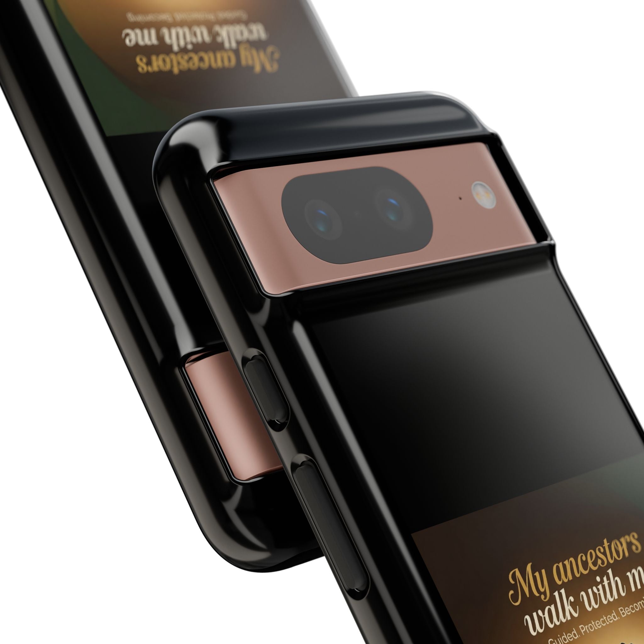 Black protective phone case with inspirational message honoring heritage, featuring bold text and cultural design elements.